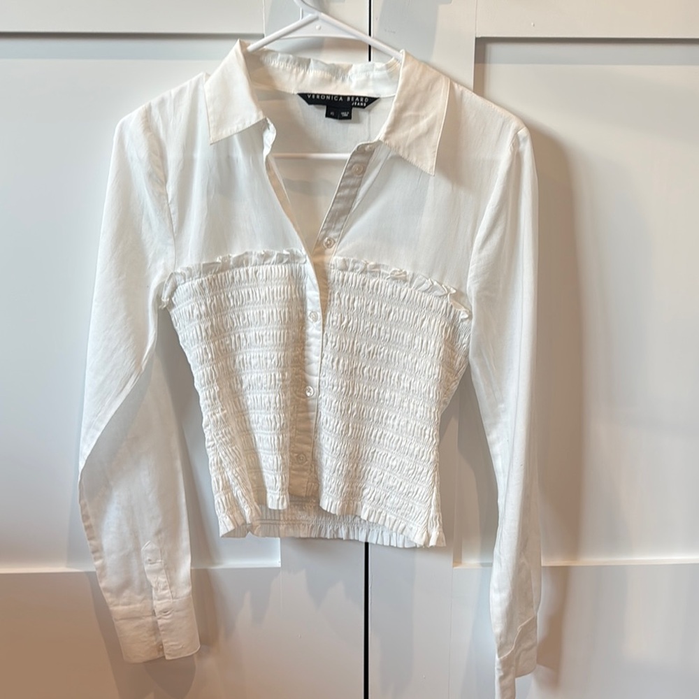 Veronica Beard White Smocked Notched Collar Blouse